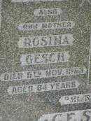 
Rosina GESCH,
mother,
died 5 Nov 1953 aged 64 years;
Samuel W. GESCH,
husband father,
died 26 June 1943 aged 60 years;
Kilkivan cemetery, Kilkivan Shire

