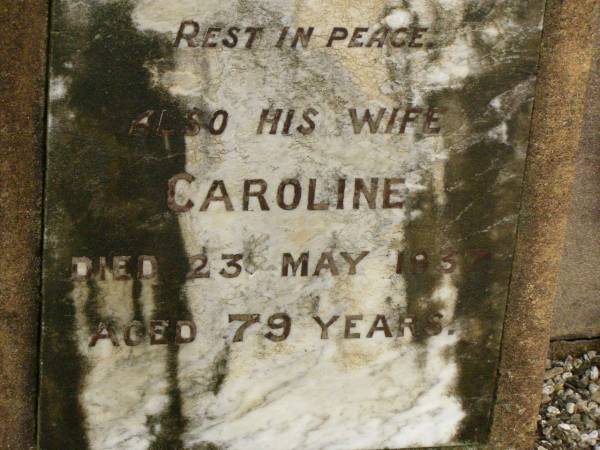 Henry Spackman WATTS,  | died 6 Nov 1920 aged 70 years;  | Caroline,  | wife,  | died 23 May 1937 aged 79 years;  | Killarney cemetery, Warwick Shire  | 