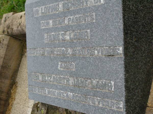 parents;  | James LAMB,  | died 24 Nov 1942 aged 65 years;  | Ida Elizabeth Jane LAMB,  | died 27 Nov 1954 aged 75 years;  | Henry MACKAY,  | husband of May MACKAY,  | died 23 Jan 1990 aged 90 years;  | May Eveline MACKAY,  | wife of Henry MACKAY,  | died 15 Sept 1996 aged 93 years;  | Killarney cemetery, Warwick Shire  | 