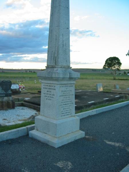 William MUTCH,  | born Rayne Aberdeenshire Scotland 12 May 1811,  | died Killarney 12 Dec 1890;  | Margaret Herd,  | wife,  | born Rayne 25 Oct 1825,  | died Tannymorel 4 Sept 1908;  | George Marischal MUTCH,  | died 29 Nov 1940 aged 29 years;  | parents;  | Ila Muriel MUTCH,  | born 2-8-1908,  | died 20-9-1980;  | Villiers Bushby MUTCH,  | born 27-1-1908,  | died 23-6-1987;  | parents;  | Florence Grace MUTCH,  | died 26 May 1924 aged 51 years;  | George Leslie MUTCH,  | died 23 July 1941 aged 77 years;  | Killarney cemetery, Warwick Shire  | 