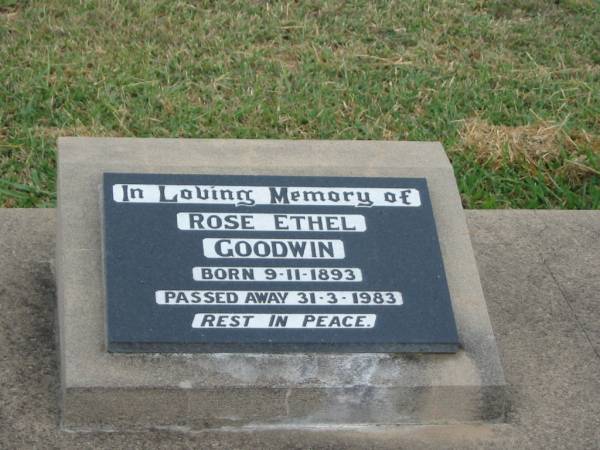 James Frederick GOODWIN,  | drowned at Koreelah Creek,  | died 11-3-1925 aged 42 years,  | erected by parents brothers sisters;  | Oswald Sydney GOODWIN,  | accidentally killed 13 Nov 1958 aged 43 years,  | erected mother & sisters;  | Rose Ethele GOODWIN,  | born 9-11-1893,  | died 31-3-1983;  | Killarney cemetery, Warwick Shire  | 