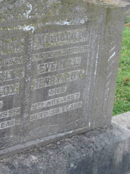 Annie Jane LOY,  | mother,  | died 9 Sept 1934 aged 55 years,  | erected by sons & daughters;  | Leslie Alec ??? LOY,  | husband,  | died 2 July 1959 aged 48 years;  | Everell Henry LOY,  | brother,  | died 9 Nov 1957 aged 59 years;  | Killarney cemetery, Warwick Shire  | 