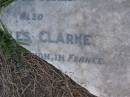 
Eliza CLARKE,
wife,
died Killarney 24 May 1916 aged 62 years;
Charles CLARKE,
killed in action France 5 Oct 1917 aged 27 years;
Killarney cemetery, Warwick Shire
