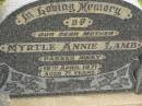 
Arthur Francis LAMB,
husband father,
died 12 Oct 1964 aged 65 years;
Myrtle Annie LAMB,
mother,
died 19 April 1971 aged 71 years;
Killarney cemetery, Warwick Shire
