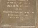 
Marie HANSEN,
born 5 June 1852,
died 5 Nov 1889;
Emma HANSEN,
born 17 Sept 1846,
died 1 April 1906;
Edward Robert MAGICK,
died 6 May 1901 aged 36 years;
Killarney cemetery, Warwick Shire
