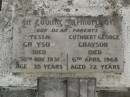 
parents;
Tessa GRAYSON,
died 30 Nov 1931 aged 35 years;
Cuthbert George GRAYSON,
died 6 April 1968 aged 72 years;
Killarney cemetery, Warwick Shire

