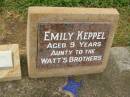 
Emily KEPPEL,
aged 9 years,
aunty to WATTs brothers;
Jack Edward KEPPEL,
aged 69 years;
Killarney cemetery, Warwick Shire

