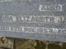
parents;
James LAMB,
died 24 Nov 1942 aged 65 years;
Ida Elizabeth Jane LAMB,
died 27 Nov 1954 aged 75 years;
Henry MACKAY,
husband of May MACKAY,
died 23 Jan 1990 aged 90 years;
May Eveline MACKAY,
wife of Henry MACKAY,
died 15 Sept 1996 aged 93 years;
Killarney cemetery, Warwick Shire
