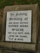 
Esther Diana MCGUIRE,
mother,
died 17 Sept 1972 aged 86 years 7 months;
Charles Ernest MCGUIRE,
died 17-1-1982 aged 57 years;
Killarney cemetery, Warwick Shire
