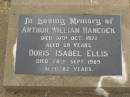 
Arthur William HANCOCK,
died 10 Oct 1971 aged 59 years;
Doris Isabel ELLIS,
died 28 Sept 1989 aged 82 years;
Killarney cemetery, Warwick Shire
