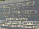 
Ellen Mary BALLARD,
wife mother,
died 27 April 1970 aged 61 years;
Stephen David BALLARD,
father,
died 15 June 1982 aged 77 years;
Killarney cemetery, Warwick Shire
