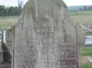 
Jenet,
wife of John WATSON,
died 12 Oct 1895 aged 62 years;
Killarney cemetery, Warwick Shire

