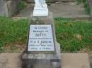 
Betty,
daughter of P. & E. KERLIN,
died 16 May 1935 aged 2 years;
Killarney cemetery, Warwick Shire
