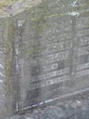 
Annie Jane LOY,
mother,
died 9 Sept 1934 aged 55 years,
erected by sons & daughters;
Leslie Alec ??? LOY,
husband,
died 2 July 1959 aged 48 years;
Everell Henry LOY,
brother,
died 9 Nov 1957 aged 59 years;
Killarney cemetery, Warwick Shire
