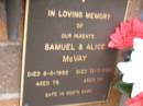 
parents;
Samuel MCVAY,
died 8-5-1982?aged 78 years;
Alice MCVAY,
died 15-1-2001 aged 95? years;
Lawnton cemetery, Pine Rivers Shire
