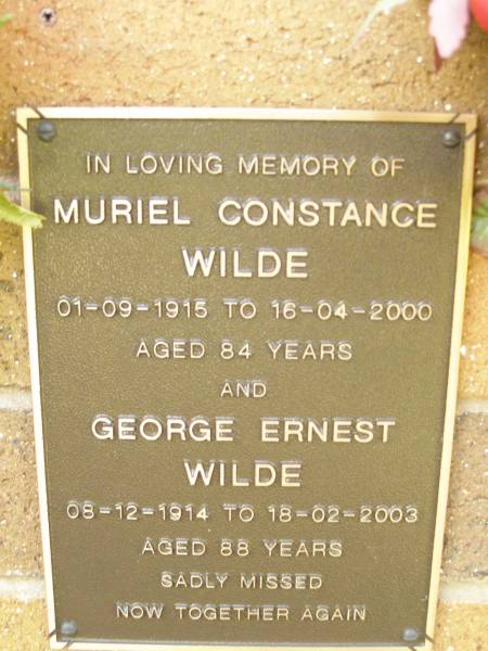Muriel Constance WILDE,  | 01-09-1915 - 16-04-2000 aged 84 years;  | George Ernest WILDE,  | 06-12-1914 - 18-02-2003 aged 88 years;  | Lawnton cemetery, Pine Rivers Shire  | 