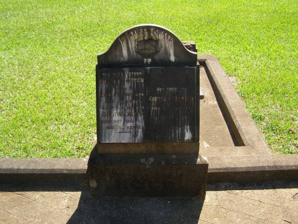 Christian Friedrich KRIESCH,  | father,  | died 15 Jan 1899 aged 59 years;  | Christine Justine,  | wife,  | died 20 Aug 1925 aged 83 years;  | Christain Friedrich,  | son,  | died 31 Jan 1903 aged 35 years;  | Lawnton cemetery, Pine Rivers Shire  | 