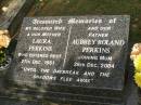 
Laura PERKINS,
wife mother,
died 27 Dec 1961;
Aubrey Roland PERKINS,
father,
died 26 Dec 2004;
Lawnton cemetery, Pine Rivers Shire
