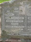 
Ann MCCULLAGH,
mother,
died 11 May 1953 aged 84 years;
William S. MCCULLAGH,
husband father,
died 24 June 1947 aged 80 years;
Grace MCCULLAGH,
daughter,
born 21-1-1908,
died 1-1-1997;
Lawnton cemetery, Pine Rivers Shire

