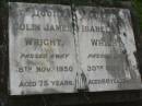 
Eric Edwin,
son of C.J. & Isabella WRIGHT,
died 3 Dec 1911 aged 1 year 5 months;
William Colin WRIGHT,
died 24 Aug 1922 aged 15 years;
Colin James WRIGHT,
died 8 Nov 1950 aged 75 years;
Isabella WRIGHT,
died 30 Sept 1968 aged 88 years 9 months;
Annie LEIS,
wife mother,
died 22 april 1961 aged 73 years;
Owen LEIS,
father,
died 5 July 1976 aged 91 years;
Amelia,
wife of Owen LEIS,
died 8 July 1911 aged 23 years;
Isabel,
infant daughter of Owen & Amelia LEIS,
died 30 June 1911 aged 8 days;
Lawnton cemetery, Pine Rivers Shire
