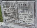 
Eric Edwin,
son of C.J. & Isabella WRIGHT,
died 3 Dec 1911 aged 1 year 5 months;
William Colin WRIGHT,
died 24 Aug 1922 aged 15 years;
Colin James WRIGHT,
died 8 Nov 1950 aged 75 years;
Isabella WRIGHT,
died 30 Sept 1968 aged 88 years 9 months;
Annie LEIS,
wife mother,
died 22 april 1961 aged 73 years;
Owen LEIS,
father,
died 5 July 1976 aged 91 years;
Amelia,
wife of Owen LEIS,
died 8 July 1911 aged 23 years;
Isabel,
infant daughter of Owen & Amelia LEIS,
died 30 June 1911 aged 8 days;
Lawnton cemetery, Pine Rivers Shire
