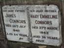 
James CONNORS,
father,
died 26 July 1940 aged 84 years;
Mary Emmeline CONNORS,
mother,
died 27 March 1943 aged 74 years;
Lawnton cemetery, Pine Rivers Shire
