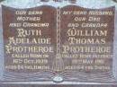 
Ruth Adelaide PROTHEROE,
mother grandmother,
died 16 Oct 1979 aged 84 years 11 months;
William Thomas PROTHEROE,
husband dad grandpa,
died suddenly 19 May 1961 aged 64 years 9 months;
Lawnton cemetery, Pine Rivers Shire
