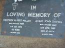 
Frederick Albert MULLER,
died 21 Oct 1972 aged 65 years;
Adam John DAVIES,
died 12 April 1988 at birth;
Lawnton cemetery, Pine Rivers Shire
