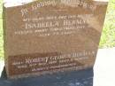 
Isabella HERMAN,
wife mother,
died Christmas Day 1973 aged 73 years;
Robert George HERMAN,
baby,
died 5 Nov 1919 aged 9 months;
Lawnton cemetery, Pine Rivers Shire
