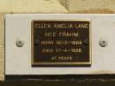 
Ellen Amelia LANE (nee FRAHM),
mum,
born 20-2-1884,
died 27-4-1928;
Lawnton cemetery, Pine Rivers Shire
