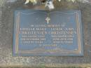 
Estelle Mary CHRISTENSEN,
died 8 Nov 1988 aged 57 years;
Leslie John CHRISTENSEN,
died 20 June 1998 aged 72 years;
Lawnton cemetery, Pine Rivers Shire
