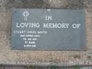 
Stuart David WHITE,
died 1 Jan 1991 aged 57 years;
Lawnton cemetery, Pine Rivers Shire
