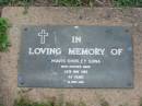 
Mavis Shirley SUNA,
died 24 May 1983 aged 49 years;
Lawnton cemetery, Pine Rivers Shire
