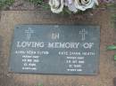 
Alma Vera FLYNN,
died 11 May 1985 aged 63 years;
Kaye Diana HEATH,
died 5 Oct 1989 aged 42 years;
Lawnton cemetery, Pine Rivers Shire
