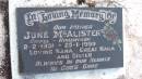 
June McALISTER
CAHILL - ROBERTSON
b: 2 Feb 1931
d: 25 Jan 1999

Legume cemetery, Tenterfield, NSW


