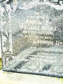 
Annie F. MAGDALINSKI, mother,
died 11 Oct 1970 aged 89 years;
Charles A. MAGDALINSKI, husband father,
died 24 Aug 1937 aged 63 years;
Lockrose Green Pastures Lutheran Cemetery, Laidley Shire
