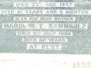 
Carl F.E. KAMMHOLZ, husband father,
died 23 Aug 1947 aged 81 years 5 months;
Maria W.E. KAMMHOLZ, mother,
died 8 July 1954 aged 82 years;
Lockrose Green Pastures Lutheran Cemetery, Laidley Shire
