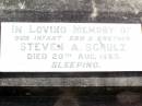 
Steven A. SCHULZ, infant son brother,
died 20 Aug 1963;
Lockrose Green Pastures Lutheran Cemetery, Laidley Shire
