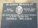 
husband step-father step-grand-dad George WEABER born 13-8-1916 died 3-5-1993;
Logan Village Cemetery, Beaudesert
