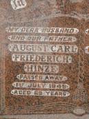 
August Carl Friederich HINZE,
husband father,
died 1 July 1949 aged 69 years;
Georgina Ann HINZE (nee DODDS),
wife mother,
died 19 July 1964 aged 79 years;
Lower Coomera cemetery, Gold Coast
