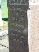 
(son) Evan LINDEMANN
29 Oct 1931, aged 18 years 4 months
(husband) Herman LINDEMANN
30 Jan 1952, aged 79
Esta C.J. LINDEMANN
23 Apr 1955, aged 73
Lowood General Cemetery

