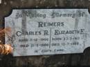 
Charles R REIMERS
b: 7 Dec 1906, d: 21 May 1986
Elizabeth E REIMERS
b: 23 Jul 1913, d: 13 Jul 1988
(Chas, Bess)
Lowood General Cemetery

