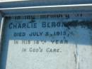 
Charlie BERGMAN
5 Jul 1915, in 16th year
Frederick BERGMAN
68 years
Lowood General Cemetery

