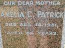 
Thomas PATRICK
3 Apr 1918, aged 70
Amelia C PATRICK
14 Aug 1951, aged 84
(daughter) Chrissie
23 Oct 1913, aged 9
Lowood General Cemetery

