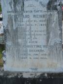 
Eberhard REINBOTT, born 31 July 1838 died 7 Nov 1905;
Auguste Christine REINBOTT nee DRAHEIM, born 15 June 1852 died 6 Aug 1933;
Lowood Trinity Lutheran Cemetery (Bethel Section), Esk Shire
