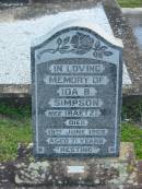 
Ida B. SIMPSON (nee RAETZ), died 15 June 1969 aged 71 years;
Lowood Trinity Lutheran Cemetery (Bethel Section), Esk Shire
