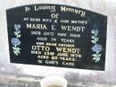 
Maria E. WENDT, died 20 Nov 1968 aged 74 years, wife mother;
Otto WENDT, died 22 June 1978 aged 85 years, father;
Lowood Trinity Lutheran Cemetery (Bethel Section), Esk Shire
