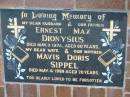 
Ernest Max DIONYSIUS, died 11 May 1974 aged 60 years, husband father;
Mavis Doris SIPPEL, died 6 May 1989 aged 70 years, wife mother;
Lowood Trinity Lutheran Cemetery (Bethel Section), Esk Shire
