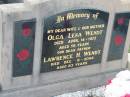 
Olga Lena WENDT, died 14 Apr 1975 aged 59 years, wife mother;
Lawrence H. WENDT, died 6 Dec 2002 aged 83 years, father;
Lowood Trinity Lutheran Cemetery (Bethel Section), Esk Shire
