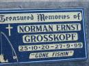 
Norman Ernst GROSSKOPF, 25-10-20 - 27-9-99;
Lowood Trinity Lutheran Cemetery (Bethel Section), Esk Shire
